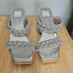 Dolce Vita Metallic Silver Braided Beaded Block Heel Sandals